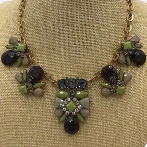 J Crew Green Brown Rhinestone Crystal Gold-Tone Statement Necklace